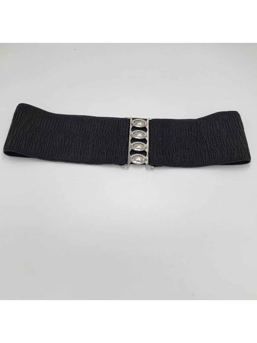 VTG Black Wide Stretch Belt With Silver-Tone Oval Buckle Closure 3.5 Inches Wide